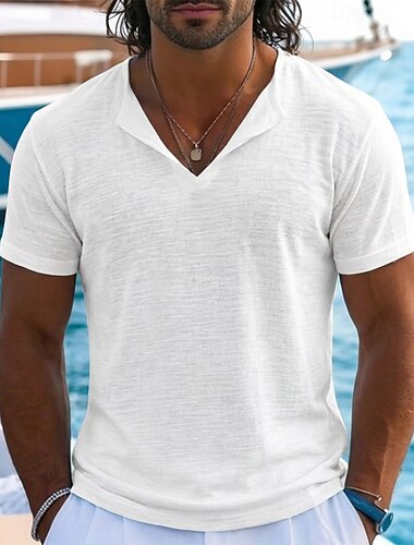  Herren T-Shirt Leinen-T-Shirt Kurze Ärmel V Ausschnitt Sommer Einfach Mode Designer Basic Weich Rein Lässig Urlaub Straße Blau Schwarz Weiß Top T-Shirt für Herren