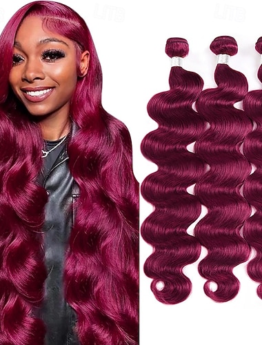  99j# burgunderfarget hår, kroppsbølget ektehår, 3 bunter, ekte hårextensions, 12–30 tommer