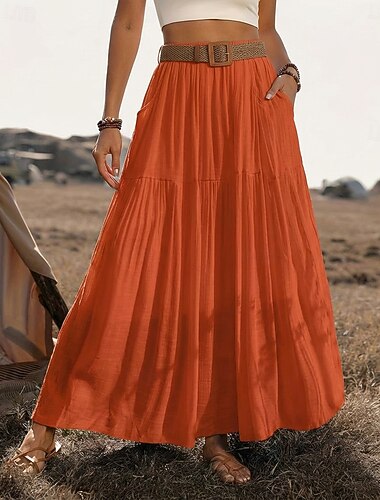  نسائي مقاس آسيوي تنورة العطلات كاجوال الخريف طويل للأرض خصر عالي التنانير لون سادة مكشكش مطوي جيب غير مطاطي مناسب للبس اليومي عطلة خضار التفاح أحمر أزرق ملكي أخضر داكن الصيف بوليستر