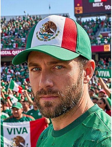  Casquette de baseball homme en polyester aux couleurs du drapeau mexicain, taille ajustable, idéale pour les supporters de football, les matchs, les événements sportifs et les activités de plein air au quotidien.