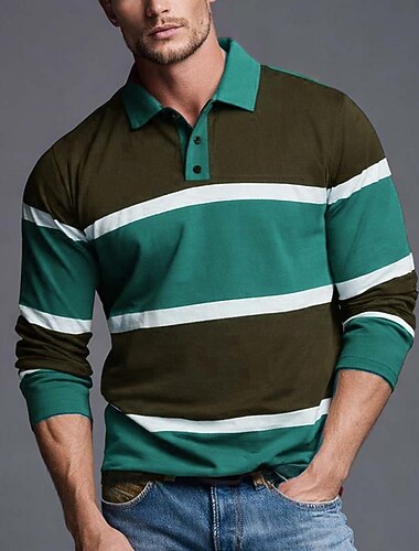  Voor heren Horizontale stroken Rugbypolo Lange mouw Poloshirt Overhemden met kraag Sportkleding Casual Buiten School Sportkleding 3D-afdrukken Knop Lente Herfst Meerblauw Rood Blauw