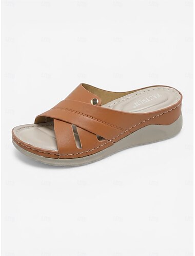  Damessandalen in bruin met voetboogondersteuning – instapslippers met onregelmatige kruisbandjes, lichtgewicht, comfortabele sandalen met demping voor binnen en buiten. &dagelijkse kleding