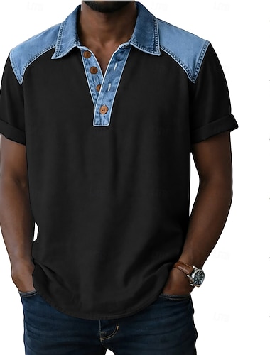  Herre Poloskjorter Dongeriskjorte Avslappet Arbeid Knaphul Kortermet Grunnleggende Moderne Fargeblokk Lapper Knapper Vår sommer Blå Svart Hvit Navyblå Brun Grønn Poloskjorter