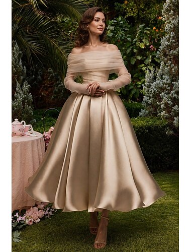  Ballkleid A-Linie Knöchellänge Cocktailkleider Partykleider Elegant Vintage Langarm Schulterfrei Hochzeit Formell Abnehmbar Satin mit Schal