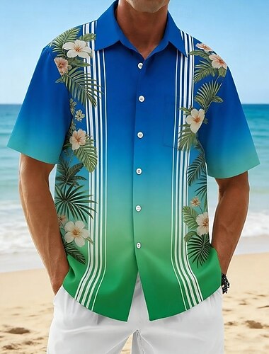  男性用 ストライプ 熱帯の花 シュロの葉 ハワイアンシャツ トロピカルシャツ アロハシャツ 半袖 ハワイアン ビーチでの休暇 夏 折襟 3Dプリント フロントポケット1つ ボタンアップシャツ ブルー ルビーレッド グリーン