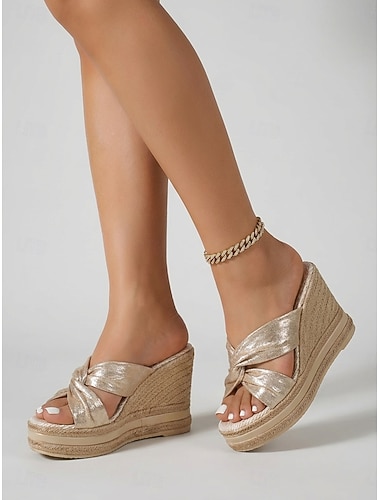  Sandales compensées dorées métallisées pour femmes - élégantes espadrilles à plateforme avec nœud torsadé, parfaites pour les vacances sur une île paradisiaque et les mariages sur la plage. &escapades