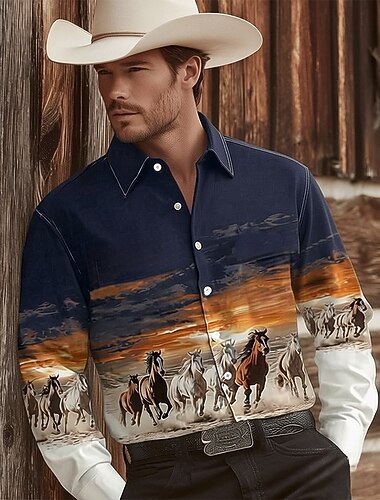  Homme Animal Cheval Coucher du soleil Chemise Chemise Western Chemise de cow-boy manche longue Vintage Rétro Occasionnel Extérieur Vêtements de travail Printemps Automne Col Rabattu Impression 3D