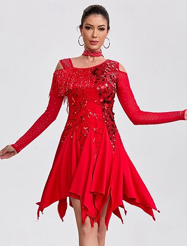  Robe de danse latine rouge à paillettes pour femme, épaules dénudées, manches longues, robe de compétition de salon
