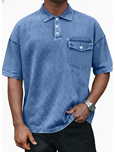 Voor heren Poloshirts Overhemd van 100% katoen met zure wassing Casual Strijkijzer Korte mouw Modieus Basic Effen Kleur Knop Puur Lente zomer blauw Donker Bruin Blozend Roze Marineblauw Paars Groen