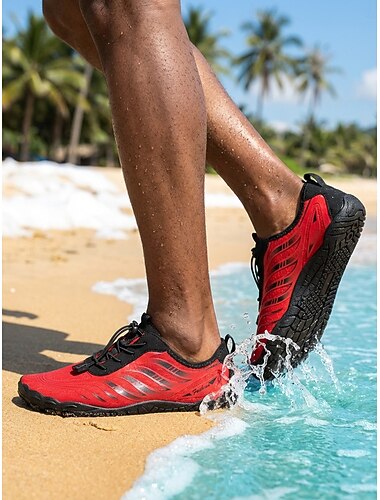  Chaussures aquatiques rouges et noires pour hommes, à séchage rapide, légères et antidérapantes, idéales pour les activités nautiques, la natation, le surf, la marche, les voyages en bord de mer, les sports de plage et les aventures en plein air.