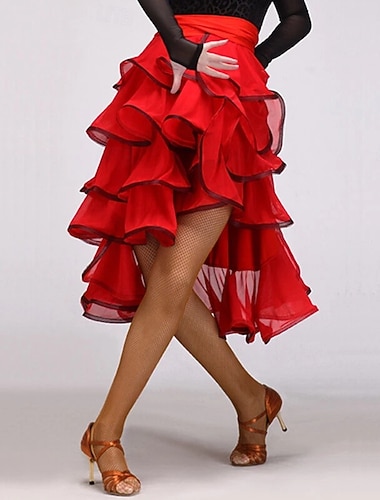  חצאית ריקוד לטיני אדומה לנשים עם שכבות, קפלים גבוהים ונמוכים, חצאית תרגול אולם נשפים