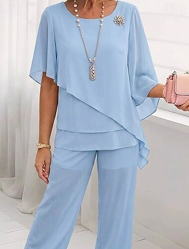  女性用 ツーピースセット シフォン 半袖 バタフライ スクエアネック 純色 平織り 多層式 エレガント フォーマル 結婚式のゲスト カジュアル／普段着 ブルー スカイブルー 夏 レギュラー