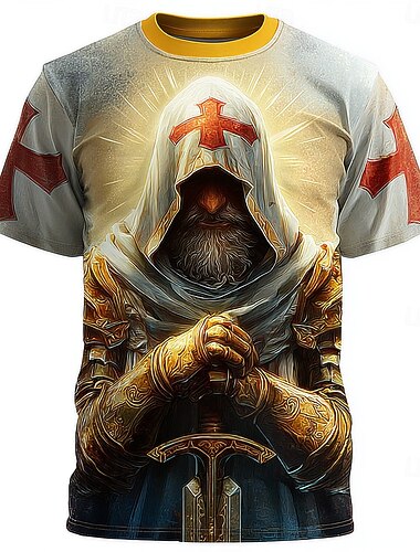  男性用 テンプル騎士団 十字架 Tシャツ 半袖 Tシャツ 3Dプリント クルーネック シャツ ゴシック ヴィンテージレトロ ストリート ダークパーティー ホワイト イエロー オールシーズン 衣類 S M L XL 2XL 3XL