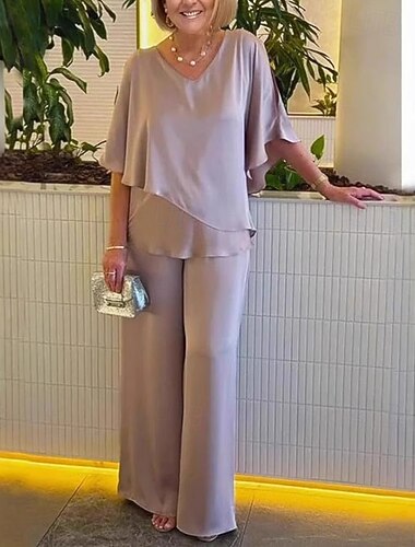  Femmes Chemisier Pantalons à Jambes Larges Manche 3/4 Col en V Uni A Volants Mode Streetwear Quotidien Occasionnel Quotidien Rose Claire Violet Kaki Printemps & Automne Coupe régulière