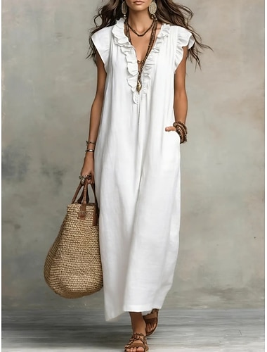  Damen Maxikleid Kunstbaumwollleinen Shiftkleid Sommerkleid Lässig Täglich Lässiger Schnitt Einfach Ärmellos V Ausschnitt Blau Schwarz Weiß Rote Sommer Frühling