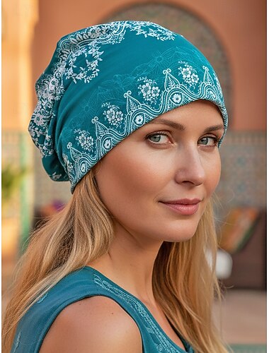  Dam bohemisk mjuk lättviktig polyesterhatt huvudduk halsduk, flerfärgad etnisk tryckt håromslag och tubhalsduk för strandsemester, resor och vardagskläder