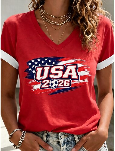  T-shirt de football pour femme, imprimé graphique, élégant, classique et décontracté, manches courtes, col en V, coupe classique, noir, blanc, rouge, violet clair, été, printemps