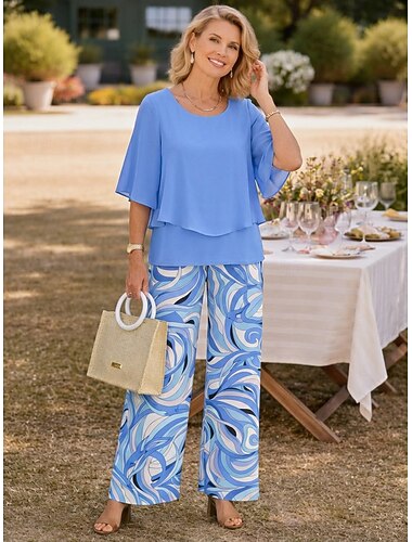  Dames Broeken Sets Halve mouw Vlinder Ronde hals Bloemig Grafisch Elegant Vakantie Dagelijks Vakantie Bruiloft gast blauw Blozend Roze Paars Lente zomer Normale pasvorm