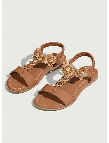  Women's Bohemian Flat Sandals with 3D Floral Appliques - Tan Strappy Summer Shoes with Pearl Accents - Ethnic Style Comfort Sandals for Beach Weddings & Vacations