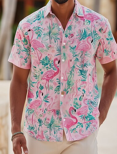  Homme Flamant rose Oiseau Plantes Tropicales Chemise hawaïenne Chemises tropicales Chemise Aloha Manche Courte Hawaïen Resort Vacances à la Plage Été Printemps Col Rabattu Impression 3D Chemises
