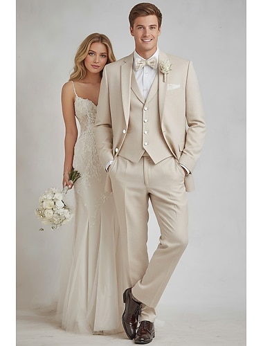  Pour des hommes Costumes en lin Mariage à la plage Bleu Ciel Vert Sauge Printemps & Été Veste Revers Cranté Léger Formel Couleur Unie Coupe sur mesure 3 pièces Simple Boutonnage Deux Boutons