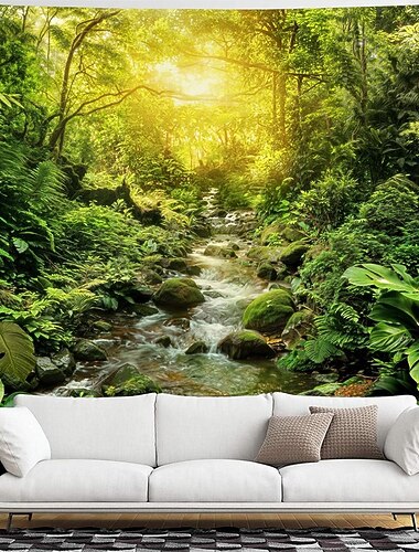 Arazzo da parete con tema foresta naturale, raggi di sole che filtrano tra gli alberi, paesaggio da appendere al muro, bosco nebbioso, pineta muschiosa, grande poster in tessuto per camera da letto,