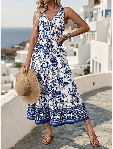  Damen Maxikleid A Linie Kleid Unterkleid Urlaub Lässig Outdoor Ausgehen Standard Passform Blumen Ärmellos V Ausschnitt Blau Sommer Frühling