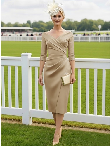  Strak kolom Over de knie Feestjurk Cocktail jurk Bruiloft gast jurk Moeder van de bruid jurk Halve mouw V-hals Elegant Vintage Luxueus Formeel Bruiloft gast Satijn Jas Jurken met Plooien