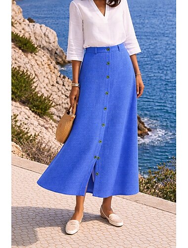  Mulheres Saias Waffle Moda estilo avó costeira Casual Verão Longo Cintura Média Saias Cor Sólida Sem Elasticidade Diário Praia Azul Cinzento Verde Laranja Verão Poliéster