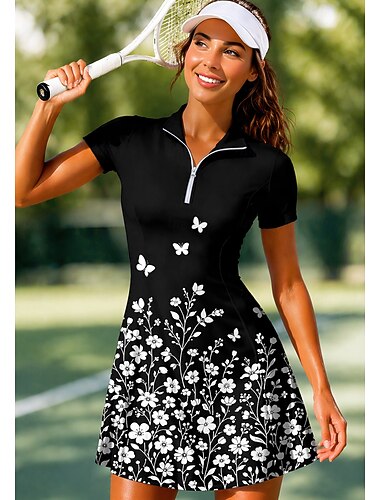  نسائي النباتية فستان تنس كم قصير طباعة متنفس تينس الغولف كرة الريشة قبة طوق بولو الفساتين الأسود مع الأبيض ملابس التنس