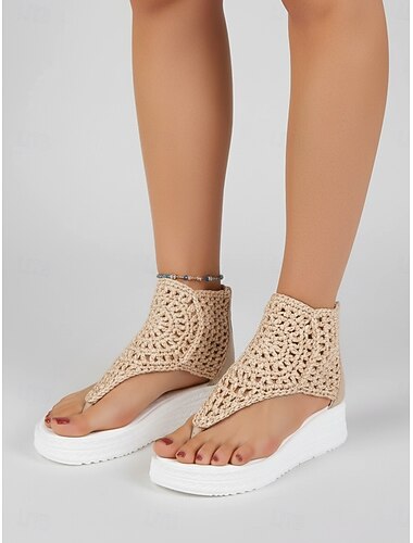  Grijze gehaakte sandalen met sleehak voor dames – teensandalen met open teen en ritssluiting aan de achterkant, ideaal voor strand, vakantie en de zomer.