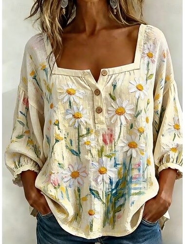 Mardi gras Dam Blus Mönster Blommig Grafisk Daisy Dagligen Stylish Ledigt Halvlång ärm Fyrkantig hals Vanliga toppar Ledigt Dagligen Vit Gul Ljusgrön Rodnande Rosa Beige Sommar Vår