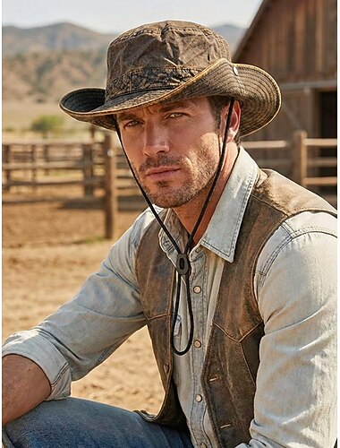  herr vintage western cowboy solhatt, flerfärgad polyester utomhushatt med vikbar brätte och hakrem för semesterresor, vandring, fiske och vardagskläder