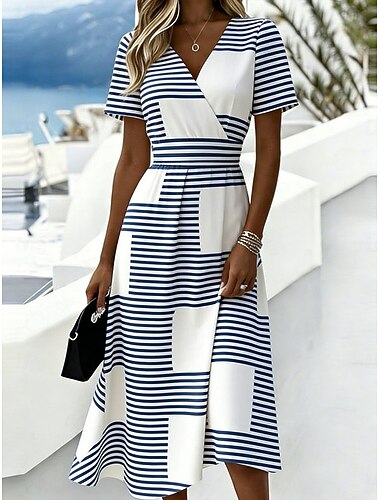 Femmes Robe Midi Robe trapèze Vacances Occasionnel Boho Quotidien Coupe régulière Graphique Rayé Manche Courte Col en V Bleu Blanche Bleu Ciel Été Printemps