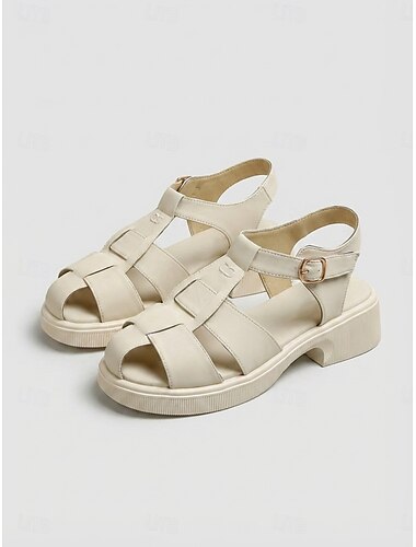 Beige gladiatorsandalen voor dames – sandalen met lage hak, gesloten neus en verstelbaar bandje, casual zomerschoenen voor op reis &alledaagse kleding