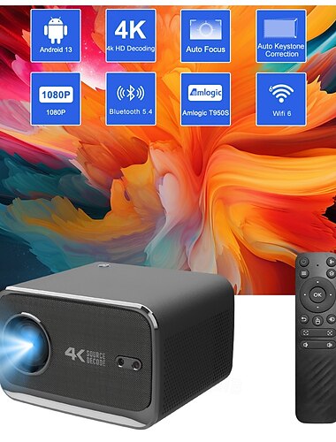  4K-Smart-Projektor mit Android 13, nativer 1080p-Heimkino-Projektor, Autofokus &Automatische Trapezkorrektur, WLAN 6, Bluetooth 5.4, Amlogic T950S Chip, Filmprojektor kompatibel mit