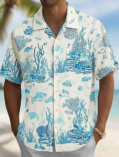  Herre Fisk Sjøskapninger Korall Skjorte Kubansk skjorte Hawaii skjorte Kortermet Hawaiisk Feriereise Ferie Strand Klær Sommer Vår Camp Collar skjorte 3D-utskrift Blå Grønn