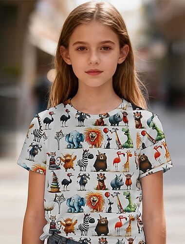  Mädchen 3D Grafik Tiermotiv T-Shirt Kurzarm 3D-Druck Frühling Aktiv Niedlich Kinder 4-12 Jahre Lässig Schule Normale Passform