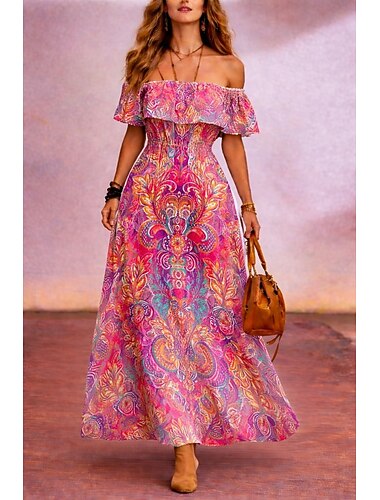  Robe longue en mousseline pour femme, robe fourreau, robe trapèze, robe cintrée et évasée, robe de soirée, robe de plage, robe de mariage, coupe classique, imprimé floral, sans manches, épaules