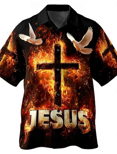  Per uomo Crociati Croce Gesù Camicia Camicia con Bottoni Camicia con collo camp Manica Corta Vintage Retrò Abbigliamento casual alla moda Ferie Estate Primavera Colletto cubano Stampa 3D Blu Nero