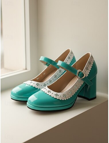  أحذية نسائية كلاسيكية سوداء لامعة بتصميم ماري جين - كعب عالٍ أنيق مزين بدانتيل أبيض مموج &إبزيم على شكل قلب لإطلالات عصرية ذات طابع كلاسيكي، وملابس العمل &أنماط أنيقة كلاسيكية