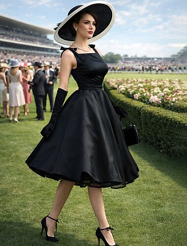  גזרת A באורך הקרסול שמלות נשף וינטאג' שנות ה-50 ללא שרוולים צווארון מרובע אורחת חתונה סיום לימודים סאטן עם סרט פפיון(ים) צבע טהור