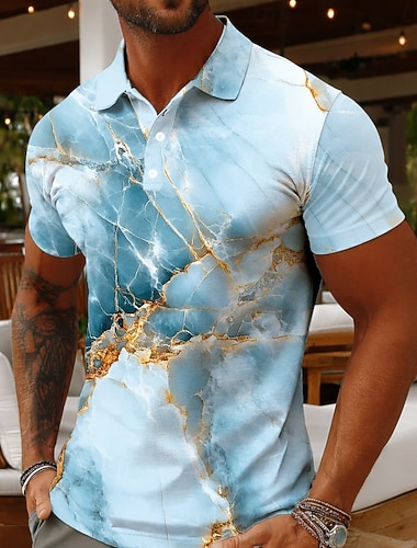  Herren Marmor Poloshirts Kurzarm Polo-Shirts Revers Lässig Athleisure Alltagskleidung 3D-Druck Knöpfe Frühling & Sommer Blau Meerblau