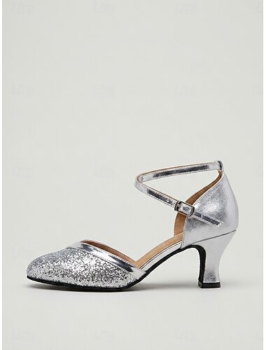  أحذية رقص نسائية فضية لامعة - كعب رقص قياسي ذو مقدمة مستديرة وحزام متقاطع، مناسبة للتدريب الأنيق & أداء