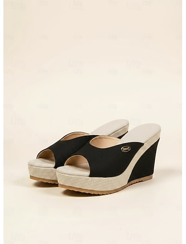  Sandales compensées noires à bout ouvert pour femme – Chaussures espadrilles d'été décontractées à plateforme pour les vacances et la plage