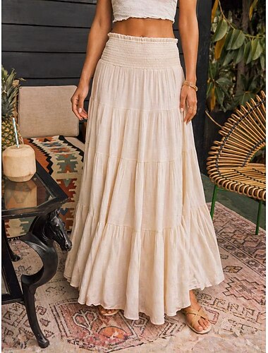  Γυναικεία Φούστα διακοπών Κομψό Βοημία Βίντατζ Μοντέρνα Μακρύ Ψηλή Μέση Φούστες Λευκό Αμύγδαλο Καλοκαίρι
