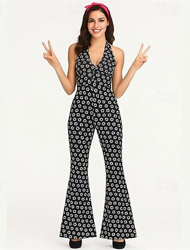  Retro vintage Jaren '70 Jumpsuit Hippie Halster Bloemig Kostuum Dames Halloween Carnaval Maskerade Feest Alledaagse kleding Volwassenen Jumpsuit Zomer