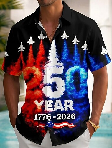  Herrarnas U.S. 250:e Årsdag Jet Fighter US Flagga Skjorta Sommar Skjorta Knäpp Skjorta Kort Ärmar Patriotisk Utomhus Semester Sommar Vår Nedtoning 3D Tryck Kragade Skjortor Fram En Ficka