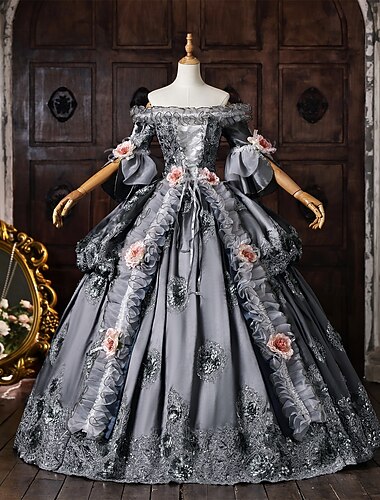  روكوكو باروكو منفوش طول الأرض فساتين منفوش أكمام قصيرة أميرة زفافي دانتيل مطرز زهري ورد منفوش ملابس تنكرية نسائي عيد الرعب مهرجان حفلة تنكرية