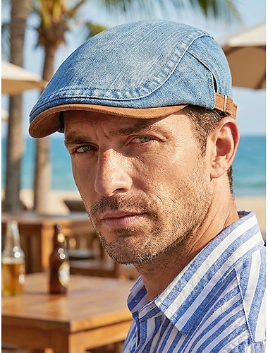  Béret ajustable en denim et coton pour homme, casquette plate multicolore style gavroche, idéale pour les vacances à la plage, les voyages, la conduite et le quotidien décontracté.